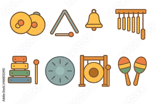 Children's Musical Icons. Flat vector mini-illustrations clang in music in colors children's illustrations: cymbals, triangle,