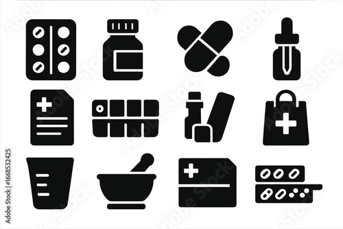 Pharmacy Icon Set. Solid style icons of medication and pharmacy: pill blister pack, medicine bottle, capsules and tablets, dropper