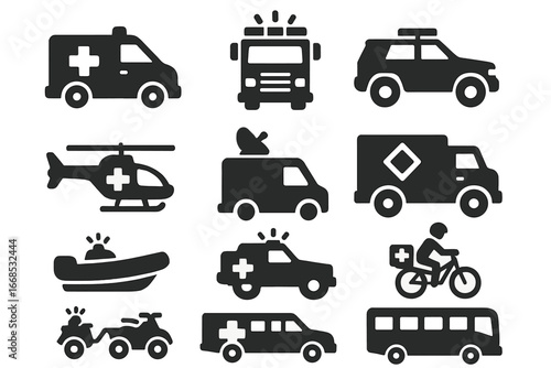 Solid Emergency Icons. Solid style icons of emergency services vehicles: ambulance side view, fire truck front icon, police SUV,