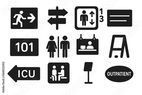 Hospital Signage Icons. Solid style icons of hospital signage and wayfinding: emergency exit sign, directional hallway sign,