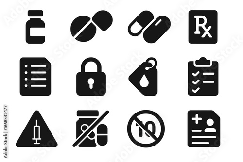 Narcotics Icon Set. Solid style icons of narcotics and substance classification: morphine vial icon, painkiller tablet, opioid