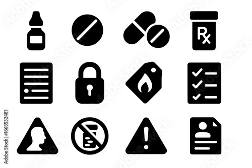 Narcotics Icon Set. Solid style icons of narcotics and substance classification: morphine vial icon, painkiller tablet, opioid