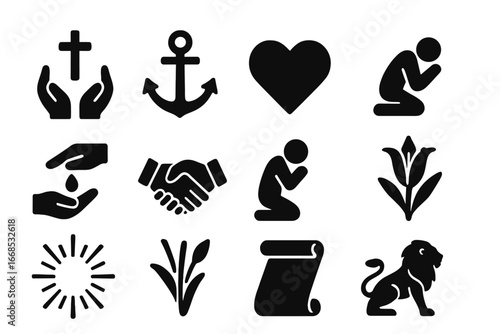 Christian Virtues Icons. Solid style icons of Christian virtues and values: faith hands, hope anchor, love heart, humility bow,