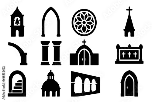 Church Architecture Icons. Solid style icons of church architecture elements: church bell tower, gothic arch, rose window, steeple