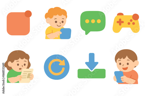 Children's Notification Icons. Flat vector mini-illustrations notification types in colors children's illustrations: push