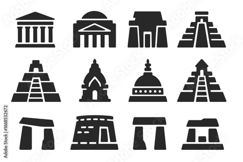 Ancient Temples Icons. olid style icons of ancient temples: Greek Parthenon, Roman Pantheon, Egyptian temple, Mayan step temple,