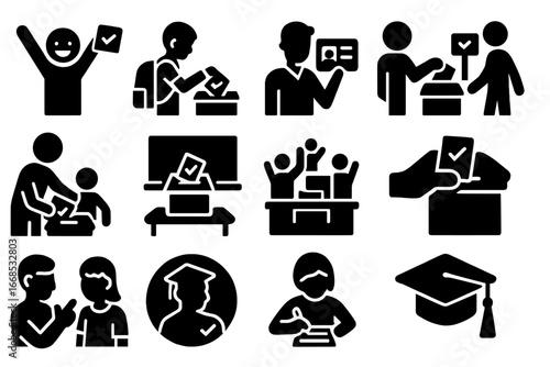 Youth Voting Icons. Solid style icons of youth and first-time voters: excited first-time voter, student with ballot, ID check for