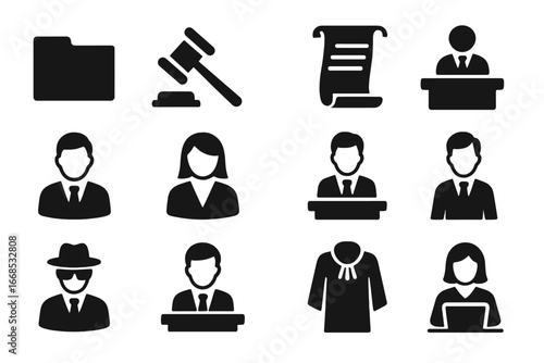 Government Icons Overview. Solid style icons of government branches and roles: executive folder, judicial gavel, legislative