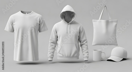 Blank white apparel and merchandise mockups, including a t-shirt, hoodie, tote bag, and cap.