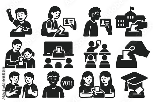Youth Voting Icons. Solid style icons of youth and first-time voters: excited first-time voter, student with ballot, ID check for