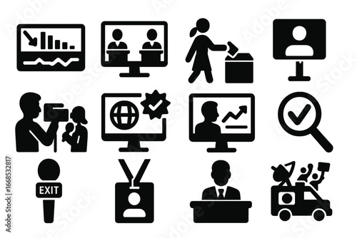 Election Media Icons. Solid style icons of elections and media: live results ticker, televised debate, journalist at poll station,