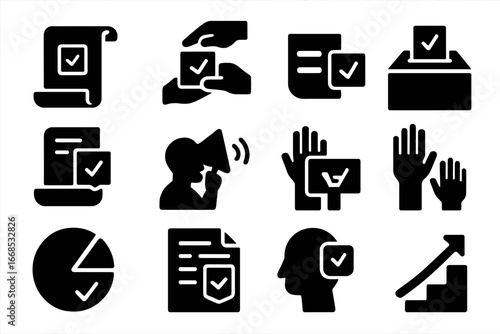 Democratic Election Icons. Solid style icons of democratic elections and rights: right to vote scroll, hands over ballot, equality