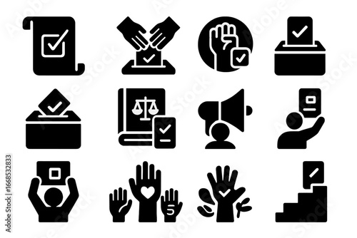 Democratic Election Icons. Solid style icons of democratic elections and rights: right to vote scroll, hands over ballot, equality