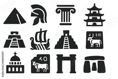 Ancient Civilization Icons. Solid style icons of ancient civilizations and empires: Egyptian pyramid, Roman helmet, Greek column,