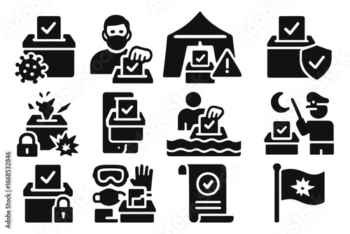 Election Crisis Icons. Solid style icons of elections in crisis or emergency: pandemic ballot icon, masked voter, emergency tent