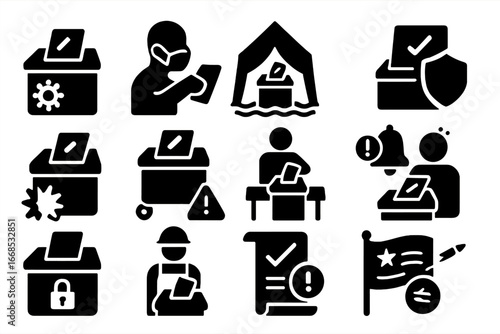 Election Crisis Icons. Solid style icons of elections in crisis or emergency: pandemic ballot icon, masked voter, emergency tent