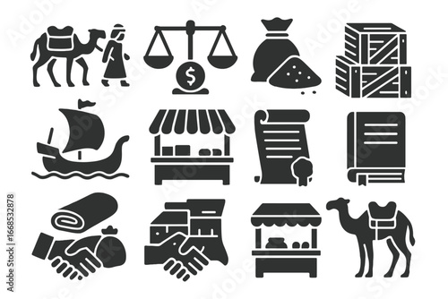 Ancient Trade Icons. Solid style icons of trade and ancient economy: merchant caravan, coin scales, spice bag, trade ship, open