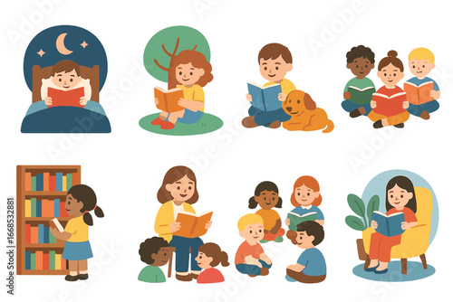 Children's Reading Habits. Flat vector mini-illustrations reading habits in colors children's illustrations: bedtime reading,