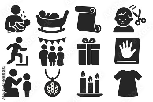 Traditions Icons Collection. Solid style icons of birth and coming-of-age traditions: baby blessing, cradle ceremony, naming