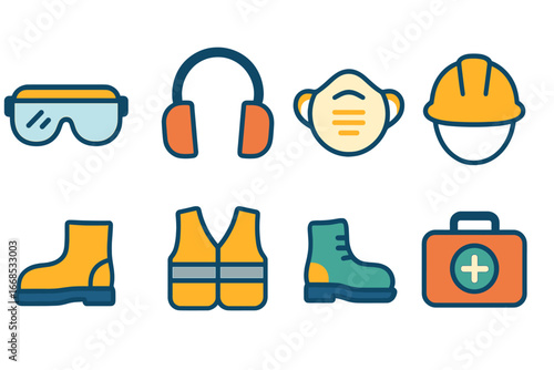 Children's Safety Gear Icons. Flat vector mini-illustrations safety gear for sawing in colors children's illustrations: safety