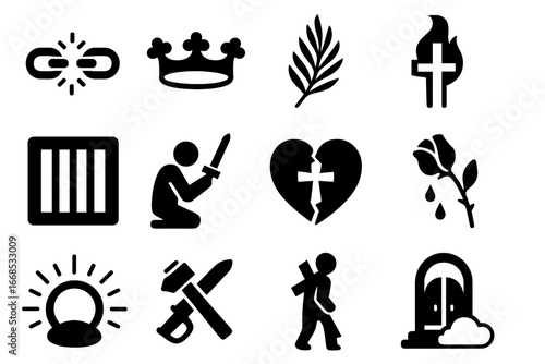 Christian Martyr Icons. Solid style icons of Christian martyr commemorations: broken chains, martyr’s crown, palm of victory,