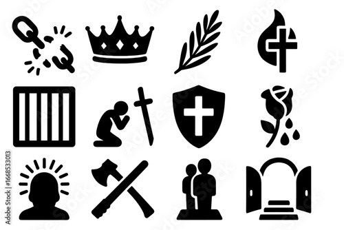 Christian Martyr Icons. Solid style icons of Christian martyr commemorations: broken chains, martyr’s crown, palm of victory,
