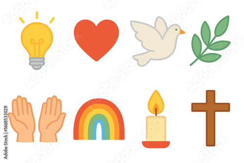 Children's Sermon Icons. Flat vector mini-illustrations sermon illustrations in colors children's illustrations: light bulb, heart