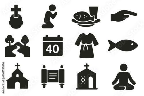 Lent Iconography. Solid style icons of Lent: ashes cross, praying figure, fasting meal, giving hand, wilderness path, 40-day