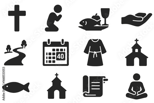 Lent Iconography. Solid style icons of Lent: ashes cross, praying figure, fasting meal, giving hand, wilderness path, 40-day