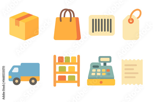 Children's Shopping Icons. Flat vector mini-illustrations product output in colors children's illustrations: packaged box,