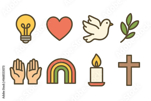 Children's Sermon Icons. Flat vector mini-illustrations sermon illustrations in colors children's illustrations: light bulb, heart