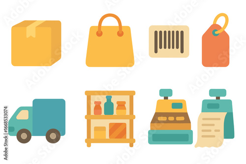 Children's Shopping Icons. Flat vector mini-illustrations product output in colors children's illustrations: packaged box,