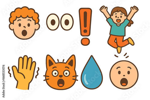 Children's Shock Icons. Flat vector mini-illustrations shock reactions in colors children's illustrations: surprised face, wide