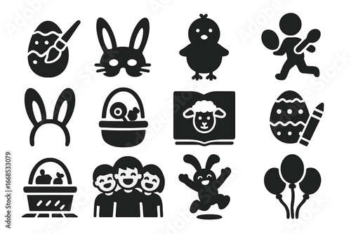 Easter Fun Icons. Solid style icons of Easter for children: egg painting, bunny mask, chick toy, egg race, bunny ears headband,