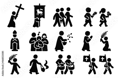 Easter Procession Icons. Solid style icons of Easter processions: cross held high, banner with lamb, people walking, children with