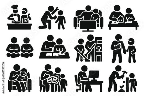 Dad and Kids Moments. Solid style icons of home moments with dad: cooking together, fixing something, watching TV, building model,