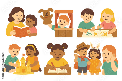 Children's Storytime Icons. Flat vector mini-illustrations storytime activities in colors children's illustrations: reading aloud,