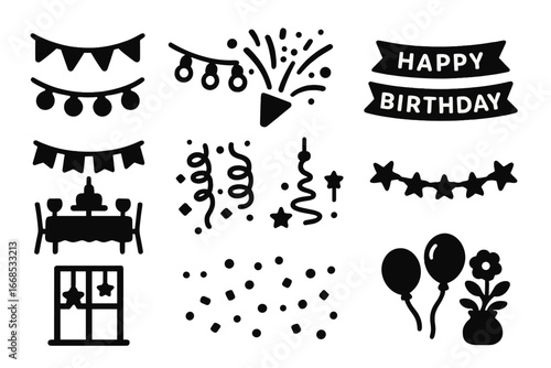 Birthday Decoration Icons. Solid style icons of birthday decorations: hanging garland, string lights, confetti burst, “Happy