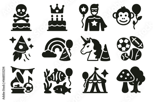 Themed Birthday Icons. Solid style icons of themed birthday parties: pirate party, princess theme, superhero celebration, jungle