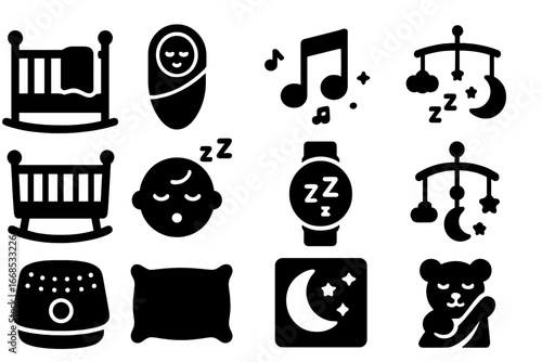 Baby Sleep Icons. Solid style icons of baby sleep and rest: crib with blanket, swaddled baby, lullaby music, nightlight, rocking
