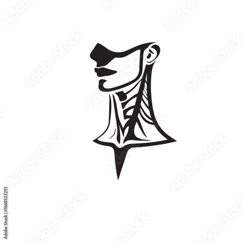 Vector art of stylized black and white illustration of a human neck and throat in profile