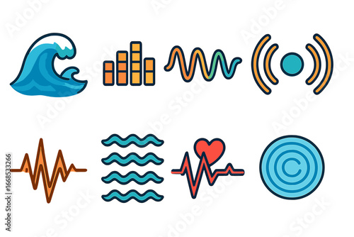 Children's Wave Illustrations. Flat vector mini-illustrations wave patterns in colors children's illustrations: ocean wave, sound