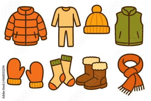 Children's Winter Attire Icons. Flat vector mini-illustrations clothing for warmth in colors children's illustrations: puffer