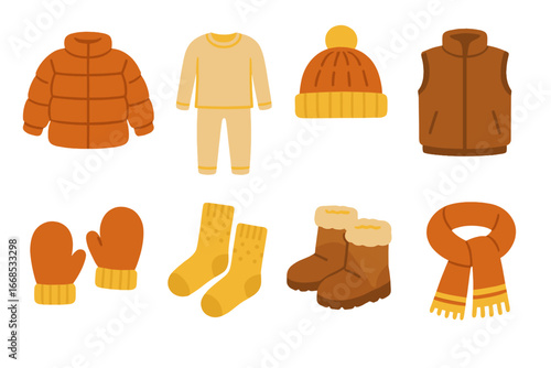 Children's Winter Attire Icons. Flat vector mini-illustrations clothing for warmth in colors children's illustrations: puffer