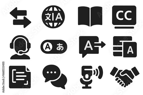 Translation Icons Collection. Solid style icons of translation and interpretation: bidirectional arrows, globe with letters, split
