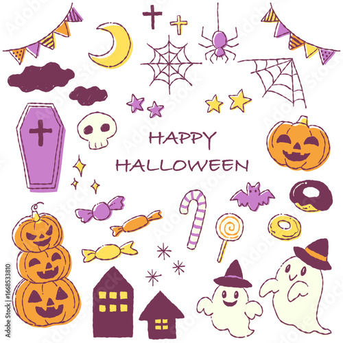 手描きのラフテイストなハロウィンのベクターイラストセット(ハロウィンカラー)