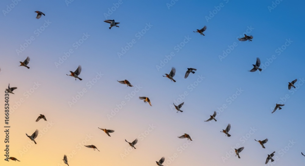 Obraz premium Birds flying in the blue sky in morning showing freedom wildlife nature beauty and peaceful environment