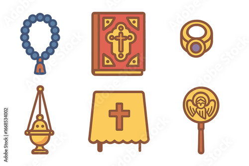Clergy Accessories Icons. Flat vector mini-illustrations Clergy accessories in colors children's illustrations: prayer rope,