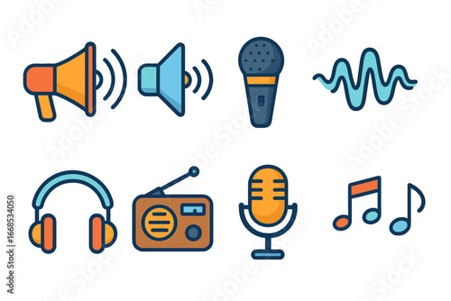 Colorful Audio Icons. Flat vector mini-illustrations sound transmission in colors children's illustrations: megaphone, speaker,