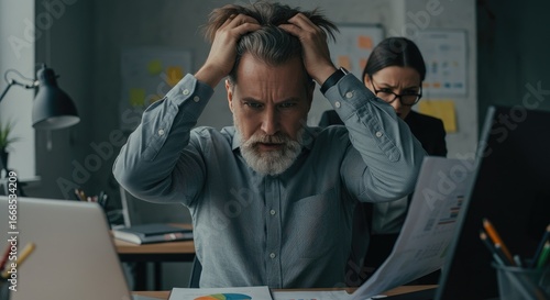 A man and woman look frustrated struggling with last minute changes before deadline showing stress pressure teamwork and office challenge